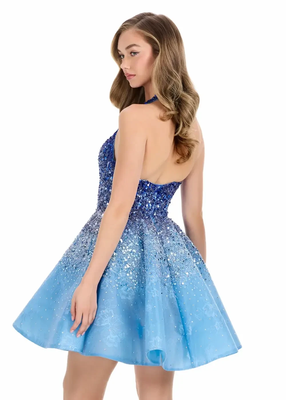 model is wearing a sleeveless mini dress